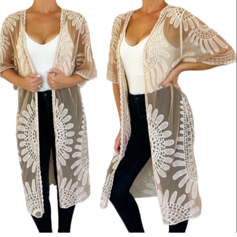 Cream colored scalloped lace swimsuit cover up